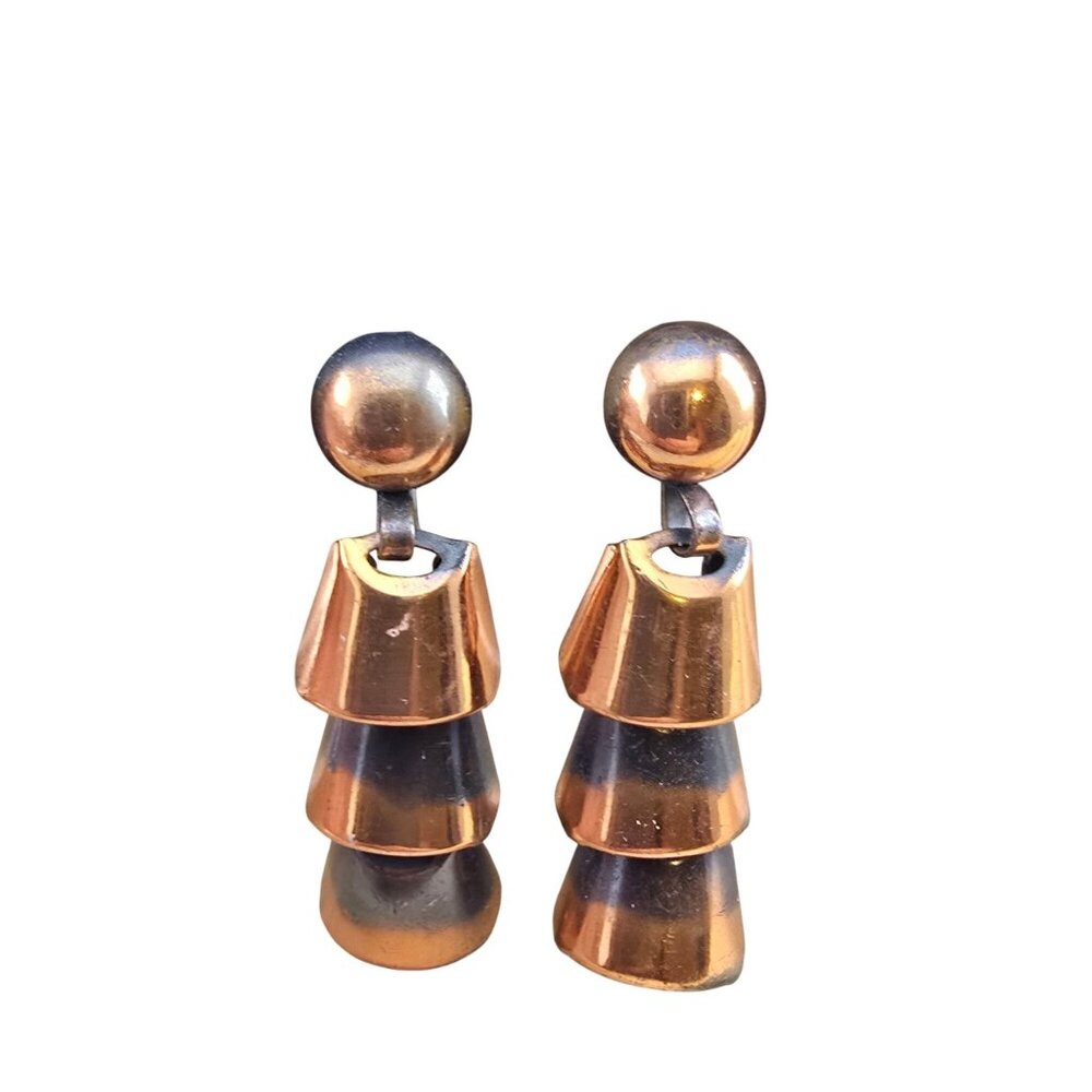 Vintage Copper Dangle Earrings Modernist Geometric Tiered Statement Screw-Back - Picture 2 of 11